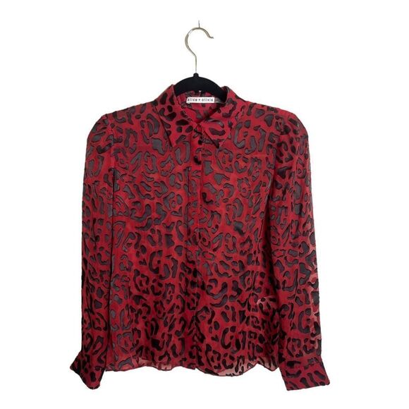Alice + Olivia Red Willa Placket Leopard Burnout Blouse - Picture 2 of 15